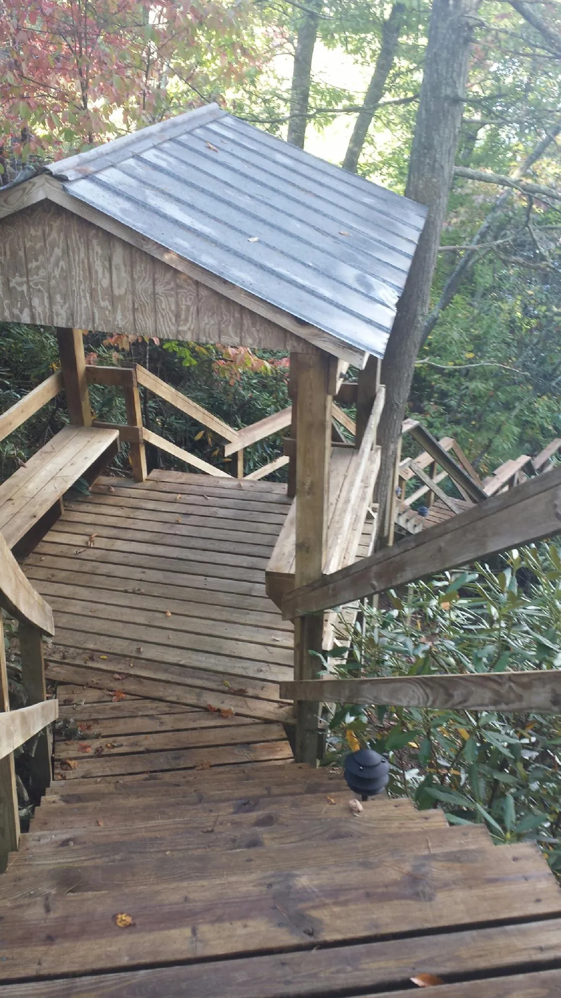 Metal roofed shelter over wooden steps on a wooded walkway — Skylight Repair & Installation work by our crew in Park Ridge